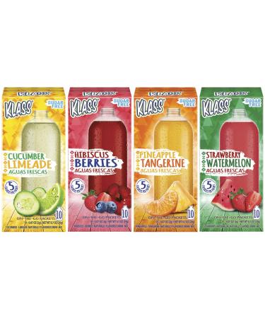 Klass Aguas Frescas Variety Pack Sugar Free Drink Mix, Cucumber Limeade, Strawberry Watermelon, Hibiscus Berries & Pineapple Tangerine (4 pack 40 Count)