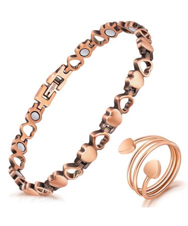 Magnetic Copper Bracelets for Women Lymph Detox Magnetic Bracelets, 100% Solid Pure Copper Bracelet with 3500 Gauss Magnets & Lymphatic Drainage Ring with Adjustment Tool Love Heart