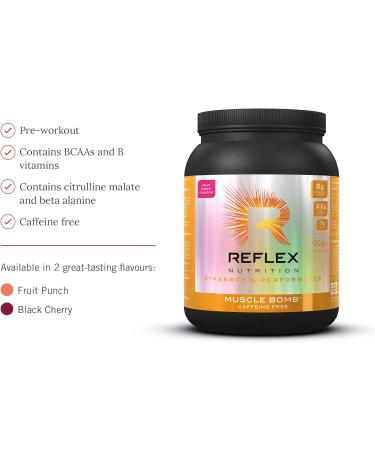 Reflex Nutrition Muscle Bomb Ultimate PRE-WORKOUT POWDER 7g BCAA's 2g L-Carnitine 3.2g Beta-Alanine 1g Taurine (Fruit Punch) (600g) Fruit Punch Caffeine Free - Buy Online on GoSupps.com