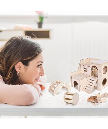 Byzesty Wooden Hamster House - 7 Piece DIY Toy & Accessories for Guinea Pigs Dwarf Hamsters Chinchillas | Fun Roller Bridge Rocker & Swing - Buy Online on GoSupps.com