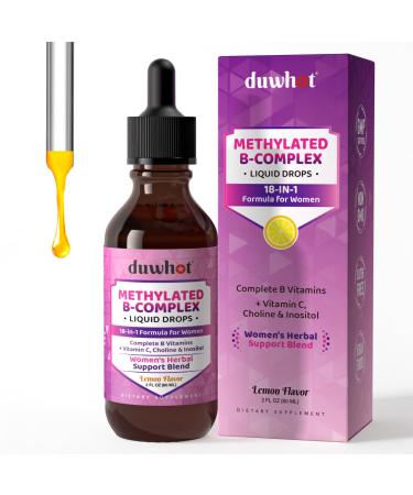 duwhot Methylated B-Complex Liquid Drops for Women Vitamins B1 B2 B3 B6 B9 B12 1000 mcg with C Choline Magnesium Inositol & Herbal Blend High Absorption Lemon Flavor 2 Fl Oz