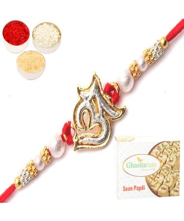 Ghasitaram Gifts For Brother Evoking The Aura of blessiings The Om Mantra Rakhi with 400 GMS of Soan Papdi