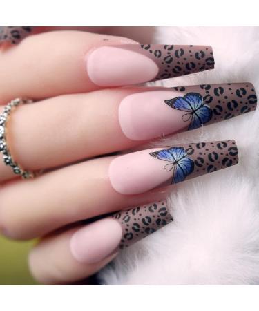 48 Pieces French Artificial Nails Set - Long Ballerina Stick-On Tips with Butterfly & Leopard Designs for Women - Acrylic Nail Art JP1451-JP1417 - Buy Online on GoSupps.com