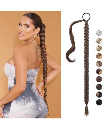REECHO DIY Braid Ponytail Extension Long Straight Wrap Around Ponytail Hair Extensions Natural Soft Synthetic Hairpieces for Women - Medium Brown with Highlights 180g 34Inch-180g Medium Brown with Highlights