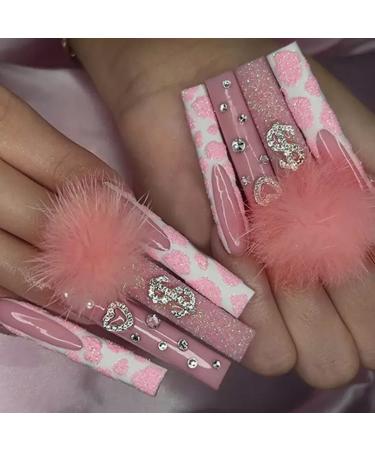 Justotry 24 pieces coffin nails for sticking with rhinestones pink glitter French artificial nails heart ballerina artificial nail press on nails with glue coffin fingernails fake nails medium for women pink & Heart2