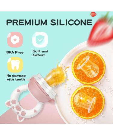 Baby Fruit Food Feeder Pacifier - Teething Toy for 3-24 Months | 6 Silicone Pouches | Piggy Handle 2-Pack | Toddlers & Kids & Babies | Pink & Gray - Buy Online on GoSupps.com