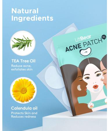 LitBear Extra Large Hydrocolloid Acne Patches with Tea Tree & Calendula Oil - 20 Count - Buy Online on GoSupps.com