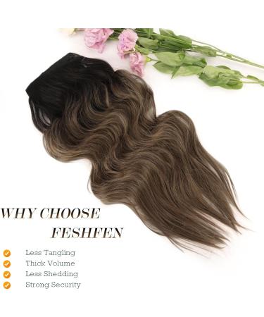 FESHFEN Invisible Wire Hair Extensions - 16 inch Ombre Brown | Long Wavy Synthetic Hair Piece with Adjustable Transparent Wire and 2 Secure Clips for Women - Buy Online on GoSupps.com