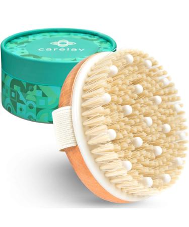 Premium 100% Vegan Round Dry Brushing Body Brush with Soft Bristles, Exfoliating Scrub Brush for Lymphatic Drainage, Dry Brush with Massage Pins for Skin Detox, Deluxe Gift Box for Women