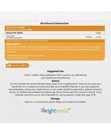 High Strength Vitamin B12 1000mcg Chewable Tablets - 400 Vegan & Sugar-Free Lemon Flavour - UK Made Supplement for Fatigue - 1 Yr Supply - Buy Online on GoSupps.com