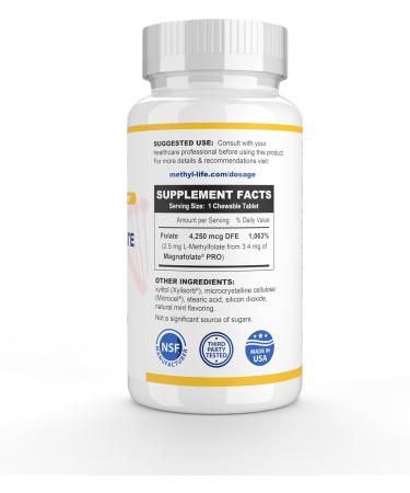 Methyl-Life L-Methylfolate 2.5 mg Chewable Active Folate Tablets with ultrapure Methylfolate (L-5-MTHF Calcium) Gentle Daily B9 Support Vegan Non-GMO Gluten-Free 90 Tasty Chewables - Buy Online on GoSupps.com