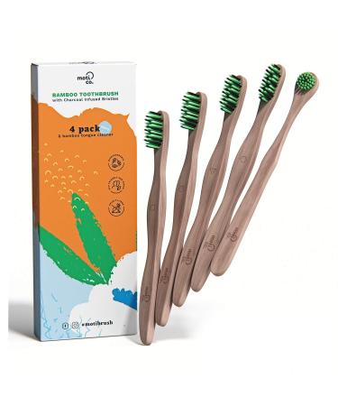 Bamboo Toothbrushes 4 Pack - Tongue Cleaner Gift Inside - Soft Charcoal Bristles - Eco-Friendly and Biodegradable - Healthier Teeth and Planet by Moti Co. 5 Piece Set