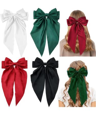 4 Pack Large Hair Bows for Women Oversized Long-tail Cute Aesthetic Hair Accessories Large Hair Barrettes for Women Big Bows for Girls (White Black Red Green)