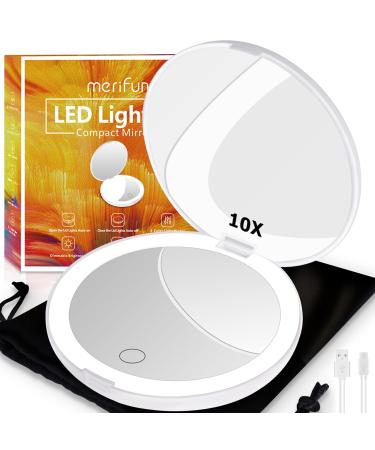 Lighted Travel Makeup Mirror  1x/10x Magnification Travel Mirror  5 Inch Lighted Compact Mirror- 3 Colors & Brightness Dimmable  Rechargeable 1000mAh Battery  Perfect for Travel  Home  Office (White)