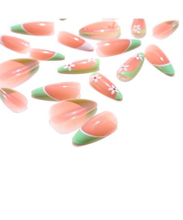 Sethexy Flower Almond French Press-On Nails - 24PC Pink Acrylic False Nails for Women & Girls - Green Flower Design - Buy Online on GoSupps.com