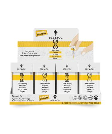Bee and You On The Go Immune Support Supplement Raw Honey Propolis Turmeric Cinnamon Ginger Superfrood Great Tasting for Kids and Adults 12 Pack 1.73 oz Each