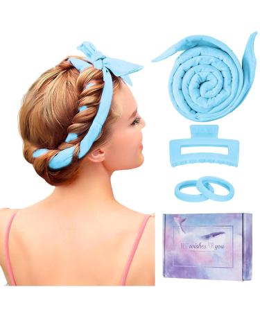 Lock winder curls without heat improved 60 "Extra -long Heatless curls band curlers without heat overnight diy hair curler set hair band wave designers for medium long hair (blue) blue