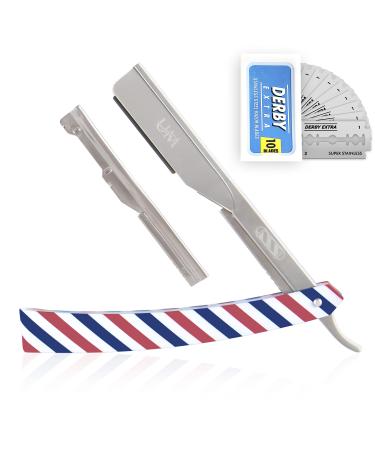 UM Supplies Professional Straight Razor with 10-Pack Double Edge Derby Sharp Barber Razor Blades  Durable Stainless Steel Precision Straight Razors for Men for the Perfect Shave (Barber Pole Ambassador Shaving Razor)