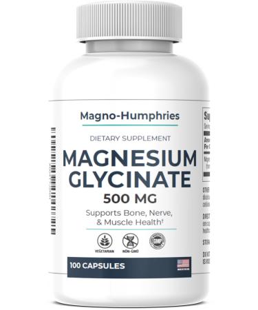 Magno-Humphries Magnesium Glycinate 500 mg - 100 Capsules | Gentle Chelated Form | Muscle Nerve & Bone Support | Dietary Supplement | GMP Manufactured in The USA