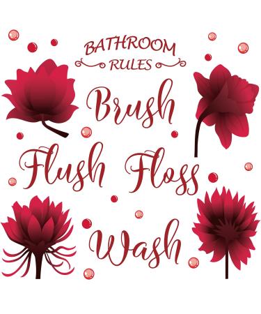Set of Bathroom Wall Decals Stickers Wash Brush Flush Floss Bathroom Rules Wall Decor Sticker Waterproof Flower Sign Sticker for Bathroom Kitchen Home DIY Decorations