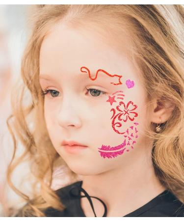Kids Temporary Glitter Tattoo Kit - 26 Body Glitter, 2 Glitter Glue, 5 Tattoo Stencil Sheets, 5 Makeup Brushes, 6 Fluorescent Powder Rhinestone Stickers - For Face, Hair, Nail, Eye - Makeup Set - Buy Online on GoSupps.com
