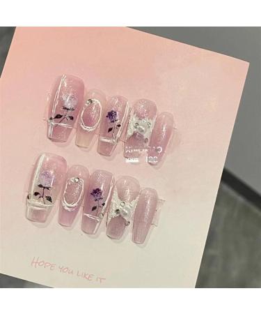 Nail Tips False Nails Tips Art Press on Nails Crystal Handmade Purple Press on Nails Rose Dreamy Long Coffin Tips Designs Fake Nails Glitter False Nails Full Cover Nail Art(S)