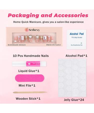 Sethexy Handmade Long Coffin False Nails - Luxury Rhinestone Glitter & 3D Heart Pearl Design - Acrylic Press-On Nails for Women & Girls - Buy Online on GoSupps.com