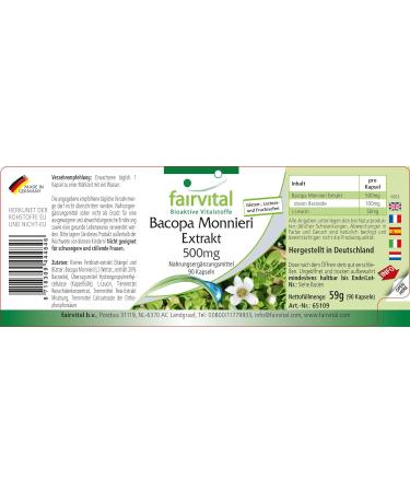 Fairvital Bacopa Monnieri Extract 500mg Brahmi Capsules - Vegan Formula Without Magnesium Stearate | 90 Capsules - Buy Online on GoSupps.com