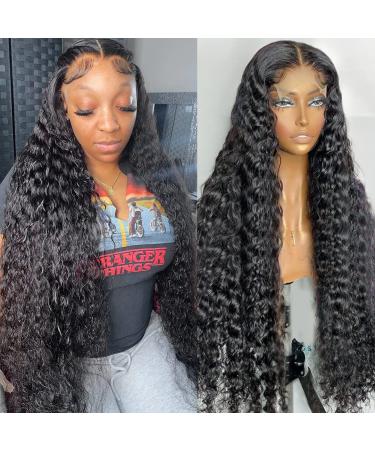 MDRTIRIM Lace Front Wigs Deep Wave Human Hair Pre Plucked Glueless 180% Density Frontal Wigs Brazilian Virgin Human HD Transparent Lace Wigs for Black Women with Baby Hair Natural Color 30 in