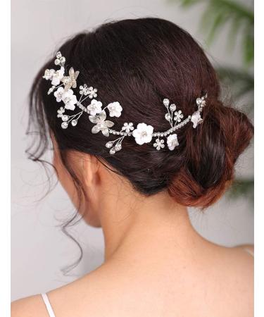 Deniferymakeup Silver Bridal Hair Piece Pearl Hair Vine Wedding Floral Hair Piece Women Leaf and Flower Headband Rhinestones Wedding Hair Accessories - Buy Online on GoSupps.com