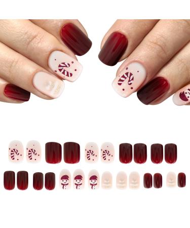 Christmas False Nails Short Press on Nails Full Cover Glossy Fake Nails with Jelly Glue Xmas Snowflake Stick on Nails Artificial Finger Manicure for Women Girls Christmas Nails Art Y6-XRJP Snowman