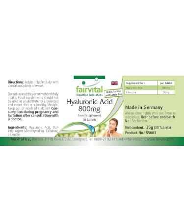 Fairvital | Hyaluronic acid 800 mg - 30 tablets - Extra high dosage - Monthly pack - 100% vegan - Buy Online on GoSupps.com