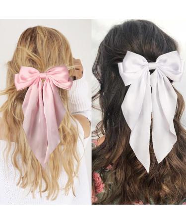Kinretixia 2 Pieces Hair Bow Clips for Women Large Satin Hair Bows Long Tail Alligator Clips Big Hair Bow Girls Hair Pink/White - Buy Online on GoSupps.com