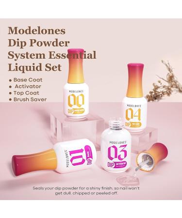 Modelones Dip Powder Liquid Set - 4+4 Pcs Essential Acrylic Dipping Powder System - Base Coat, Top Coat, Activator, Brush Saver - Manicure Tools for Nail Art DIY Salon - No Nail Lamp Needed - Buy Online on GoSupps.com