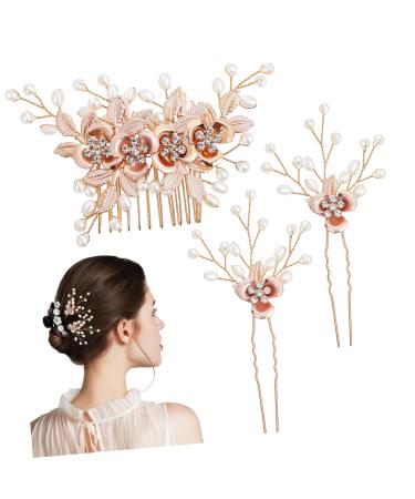 FRCOLOR 1 Set Leaf Pearl Hairpin Wedding Hair Clip Wedding Hair Side Comb Hair Combs for Thick Hair Gold Hair Clips Accessories Barrette Prom Suits for Women Hair Forks for Buns Metal