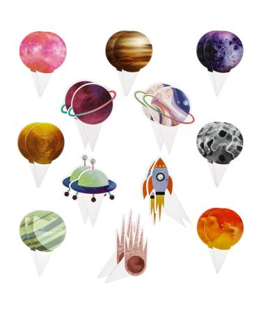 24 Pcs Space Cupcake Toppers Outer Space Cake Toppers Decoration Planet Rocket DIY Cup Cake Toppers Decoration for Boys Space Theme Happy Birthday Cupcake Toppers