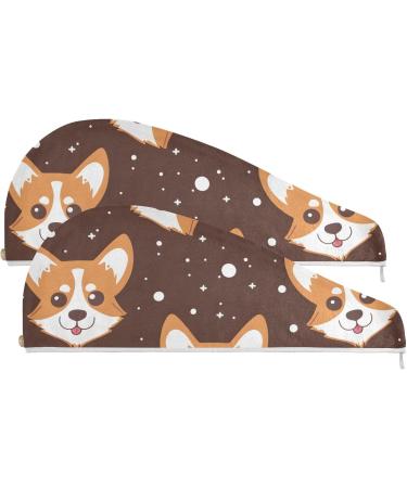 Cartoon Corgi Dog Face Hair Towel 2 Pack - Super Absorbent Quick Dry Hair Turbans for Women & Girls | Ideal Hair Drying Solution - Buy Online on GoSupps.com
