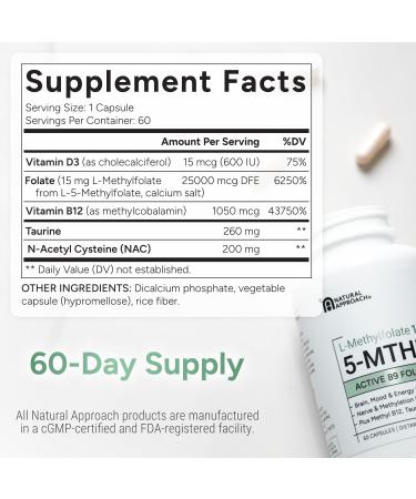 L-Methylfolate 15mg plus Methyl B12 D3 Taurine & NAC | MTHFR-Friendly Folate (High Potency) | Bioactive Forms of Vitamin B9 & B12 | Supplement for Mood Methylation & Cognition | 60 Capsules 60 Count (Pack of 1) - Buy Online on GoSupps.com