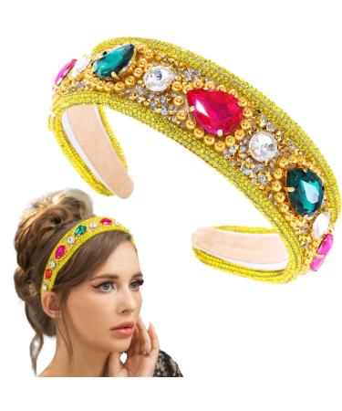 Flayem Rhinestone Headband Crystal Headband Padded Wide Vintage Hair Band Hoop Gorgeous Baroque Hair Accessories for Women and Girls (Yellow)