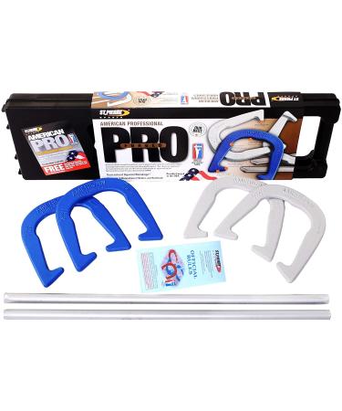 St. Pierre American Professional Series Horseshoes Complete Set: Includes 4 Horseshoes, 24-inch Solid Steel Stakes, Official Rulebook, and Black Plastic Tote Blue and Gray
