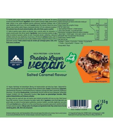 Multipower Vegan Protein Layer Salted Caramel Bar - 24% Protein Low-Calorie Fitness Snack 15 x 55g - Healthy Energy Bar for Fitness & Weight Loss - Buy Online on GoSupps.com
