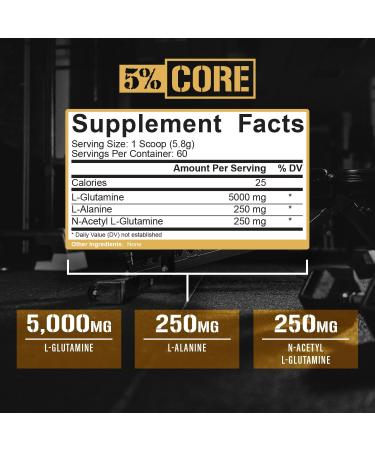 5% Nutrition Core L-Glutamine 5000 Supplement w/L-Alanine | Immune & Digestive Support | Amino Acid Muscle Builder Post Workout Recovery | Unflavored (60 Servings) - Buy Online on GoSupps.com