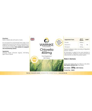 Buy Chlorella 400 mg - Vegan Algae Powder with Chlorophyll & Vitamin B12 - 500 Tablets - Premium Quality from Warnke Vital Substances - Buy Online on GoSupps.com
