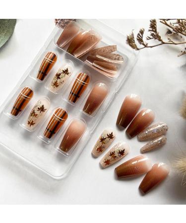 Fall Press on Coffin Nails | Medium Length Acrylic | Maple Leaves Gradient Brown Glitter | Glossy Artificial Nails for Women & Girls - Buy Online on GoSupps.com
