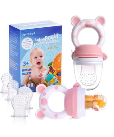 Baby Fruit Food Feeder Pacifier - Fresh Food Feeder, Infant Fruit Teething Teether Toy for 3-24 Months, 6 Pcs Silicone Pouches for Toddlers & Kids & Babies, 2-Pack (Light Pink)