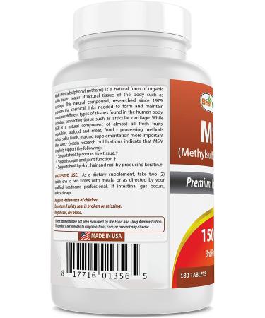 B est Naturals MSM 1500mg Tablets - 180 Count | Pure MSM Supplement for Joint Health - Buy Online on GoSupps.com