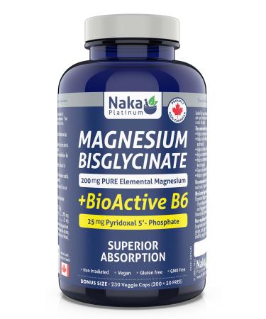 Naka Platinum Magnesium Bisglycinate (400mg PURE Elemental Magnesium) + BioActive B6 (15mg Pyridoxal 5' Phsphate) Unflavour Made in Canada (230 vcaps) 230 Count (Pack of 1)