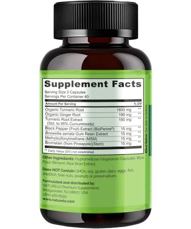 NATURELO Tumeric Curcumin Plant Based Joint Support Magnesium Glycinate 200 mg Magnesium - Gluten Free Non GMO - 120 Capsules - Buy Online on GoSupps.com