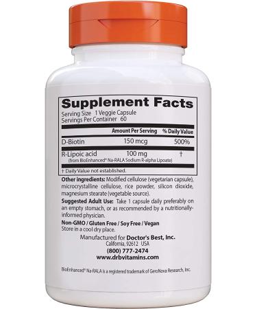 Doctor's Best Stabilized R-Lipoic Acid 100mg - BioEnhanced Na-RALA | 60 Veggie Caps for Antioxidant Support - Buy Online on GoSupps.com