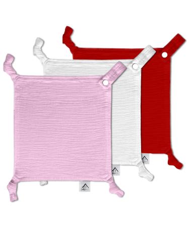 Baby Luxe 5-in-1 Mini Muslin Square Bib Toy Holder Washcloth Comforter - With Clip Attachment For Baby Bag Pacifiers Teething Toys and More (Set of 3: Baby Pink Burgundy White Cloth) 23_23_cm Baby Pink Red White